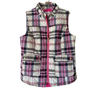 Crown & Ivy Quilted Plaid Puffer Vest Women's Size M Pink Navy Tan‎